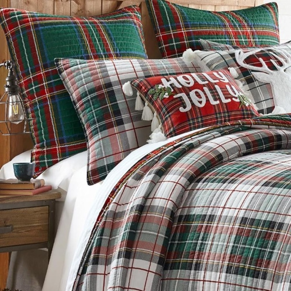 🆕 PB Style Christmas Tartan Plaid Quilt Stewart Print in Queen Bedding SET shams